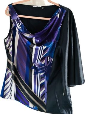 T Tahari Purple Floral & Geometric  Asymmetrical Blouse with Draped Neck